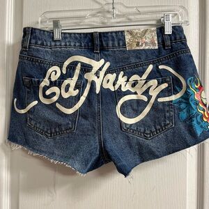 Ed Hardy Women's Dark Blue Jean Shorts with Bold Logo